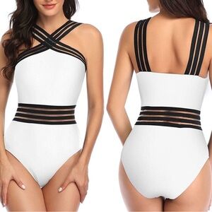 Coskaka White and Black Strappy one piece Swimsuit with illusion waist Small NWT